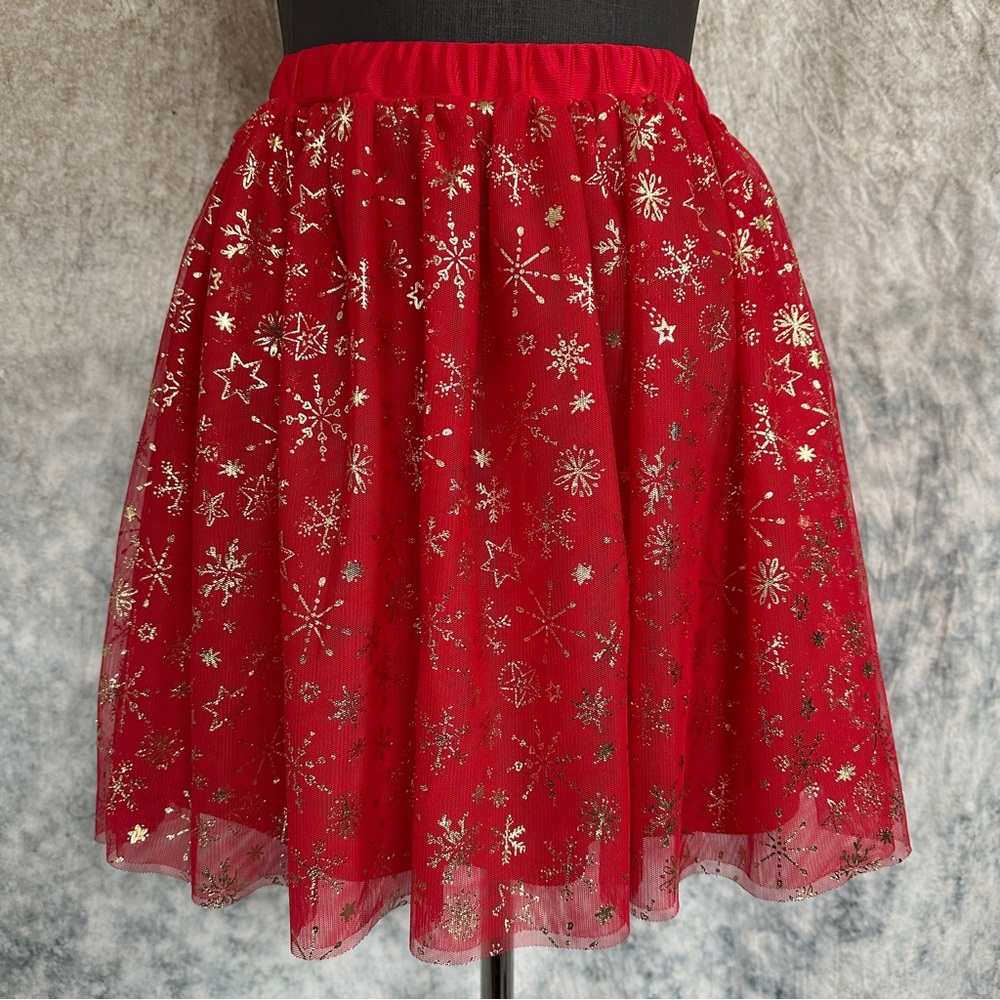 🪩Holiday time girls red tulle skirt with gold snowflakes